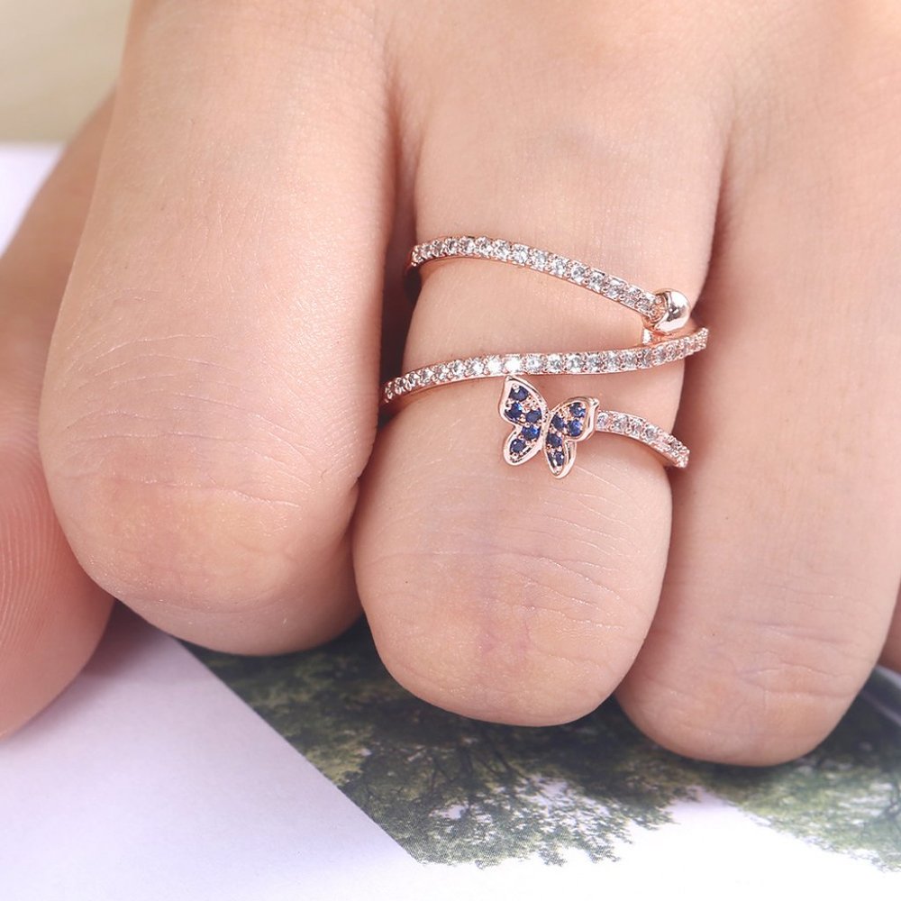 NEW Rose Gold Diamond Blue Butterfly Layer RIng - Picture 2 of 6
